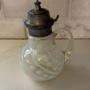 Antique 1872 Victorian opalescent coin dot glass syrup pitcher pewter lid